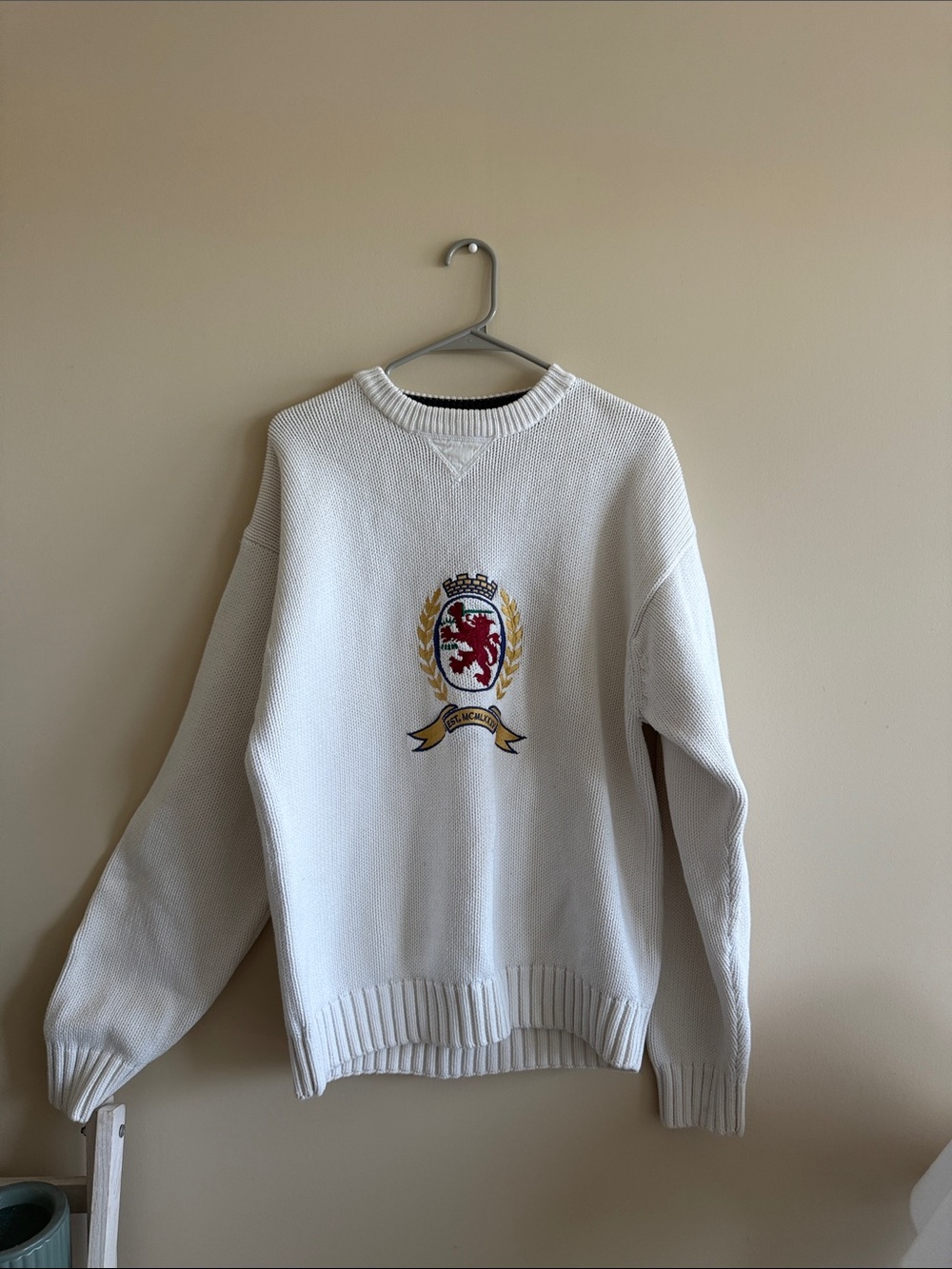 Tommy Hilfiger Cream Crewneck Sweater with Embroidered Crest